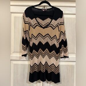 Calypso St. Barth Chevron Knit Sweater Dress, Black, Tan, X-Small